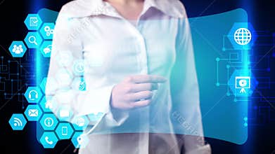 The girl selects on the virtual screen the inscription Change management. Modern marketing concept