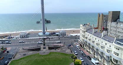Aerial view of a regency square in Brighton and Hove approaching the sea and the west pier