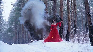 Fire and smoke rises among the trees in the forest near the girl with a crow