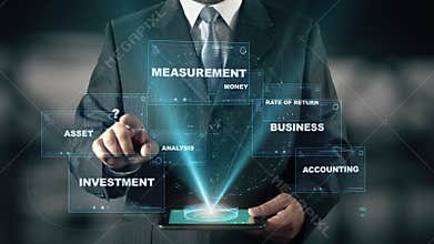 Businessman with Cash Flow hologram concept