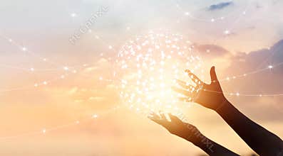 Abstract science, circle global network connection in hands