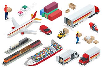 Isometric Logistics icons set of different transportation distribution vehicles, delivery elements. Air cargo trucking