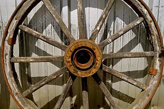Old wooden wagon wheel with hub and spokes