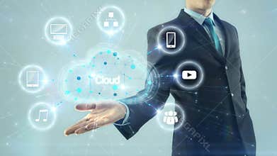 Business man businessman cloud computing network server concept hold design scheme on hand white light background