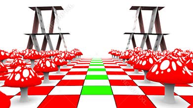 Movement of a view along the amanita and playing cards on the chessboard with mask. 3D-Rendering. UHD - 4K