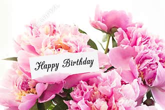 Happy Birthday Card with Bouquet of Pink Peonies