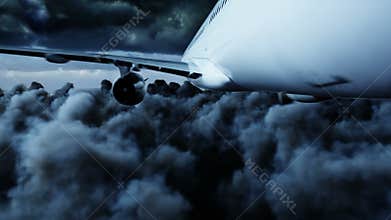 Passenger airbus a321 flying in the clouds. bad weather. Realistic 4K animation.
