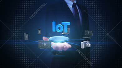 Businessman open palm, Devices connecting IoT technology, artificial intelligence. Internet of things.