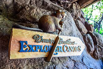 CHIBA, JAPAN: Beaver Brothers Explorer Canoes signage, Critter Country, Tokyo Disneyland