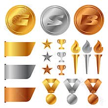 Gold silver bronze medals , Trophy Cup , start award and torch and tag banner vector set design