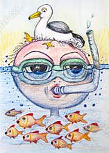 Snorkling cartoon drawing