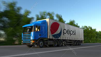 Freight semi truck with Pepsi logo driving along forest road, seamless loop. Editorial 4K clip