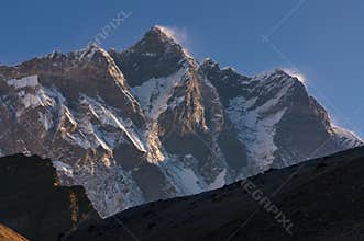 Lhotse mountain peak at sunrise, Everest region, Nepal
