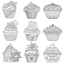 Nine zendoodle design of cupcakes isolated on white background design for both kids and adult coloring book page. Vector illustrat