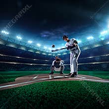 Professional baseball players on grand arena