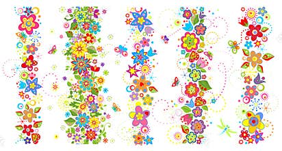 Seamless borders with funny colorful flowers