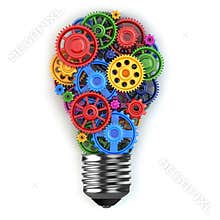 Light bulb and gears. Perpetuum mobile idea concept.