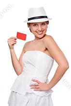 Summer woman showing credit card with copy space