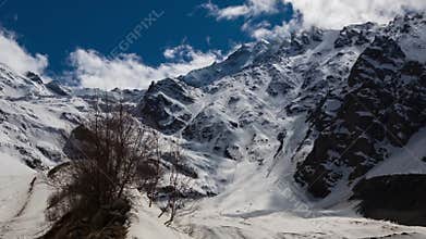 Interval shooting. The Caucasus Mountains, North Ossetia, Formation of clouds on the mountain tops Tseyskogo gorge.