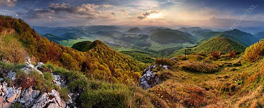 Green Spring Slovakia mountain nature landscape with sun and cross