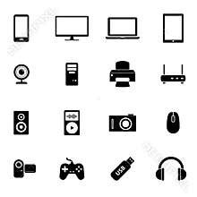 Set of black flat icons - PC hardware, computer parts and electronic devices