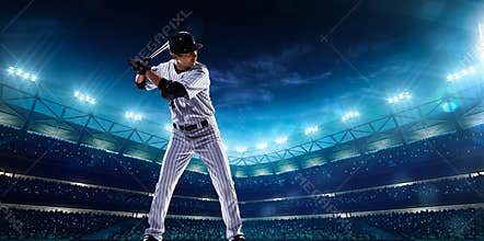 Professional baseball players on night grand arena