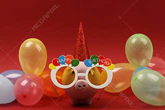 Piggy bank with sunglasses Happy birthday, party hat and multicolored party balloons on red background