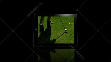 Media device screens showing golf