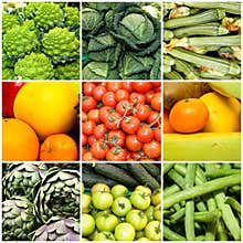 Collage of vegetables and fruits, concept of health and wellness. Vegan diet.