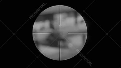 Point of view through rifle scope of police surrounding car, 1950s