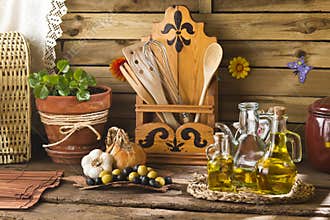 Olive oils in rustic kitchen