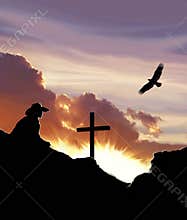 Cowboy with cross and sunset graphic