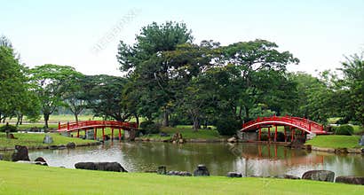 Red Japanese bridges in garden