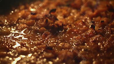 Beans with meatballs boiling in oven