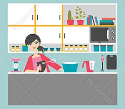 Atractive woman, mother baking cake