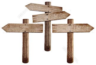 Old wooden road signs right, left and both arrows