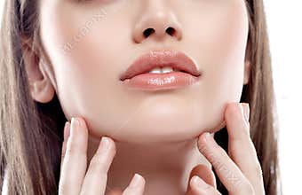 Lips nose chin Woman freckle happy young beautiful with healthy skin