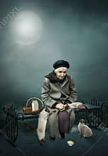 Old woman and Siamese cats