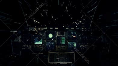 Spaceship Cockpit in a Pilot Point of view Traveling in Light Speed in Space