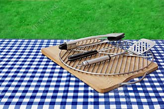 Empty Picnic Table, Checkered Tablecloth, Grid, BBQ Grill Tools