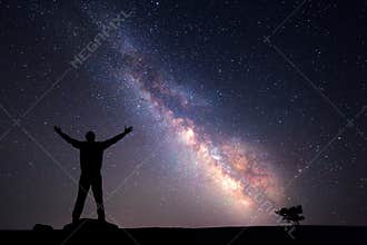 Milky Way. Night sky and silhouette of a man