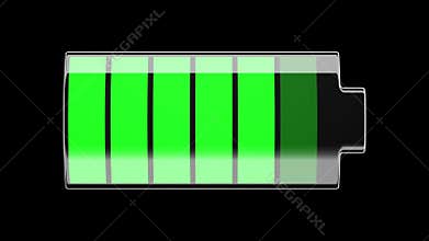 Battery Charging and Discharging with Green scale divisions. Isolated on black.