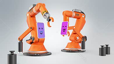 Two robotic arm communication by monitor.