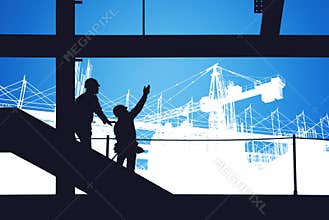 Construction Site with Crane and Workers at Dusk, Industrial Scene