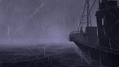 Fishing boat, ocean storm with lightnings, camera fly