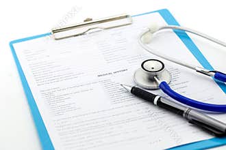Medical questionnaire, stethoscope and pen on white background