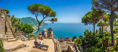 Amalfi Coast from Villa Rufolo gardens in Ravello, Campania, Italy