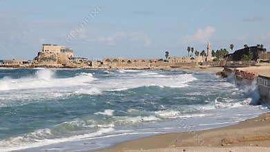The waves in the Mediterranean Sea off the coast of ancient Caesarea