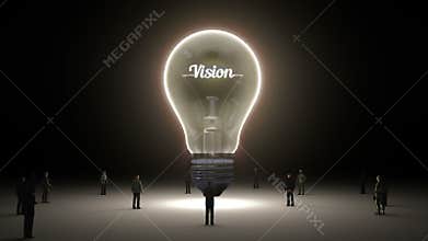 Typo 'Vision' in light bulb and surrounded businessmen, engineers, idea concept version (included alpha)