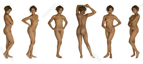 Beautiful African American woman posing nude on white background